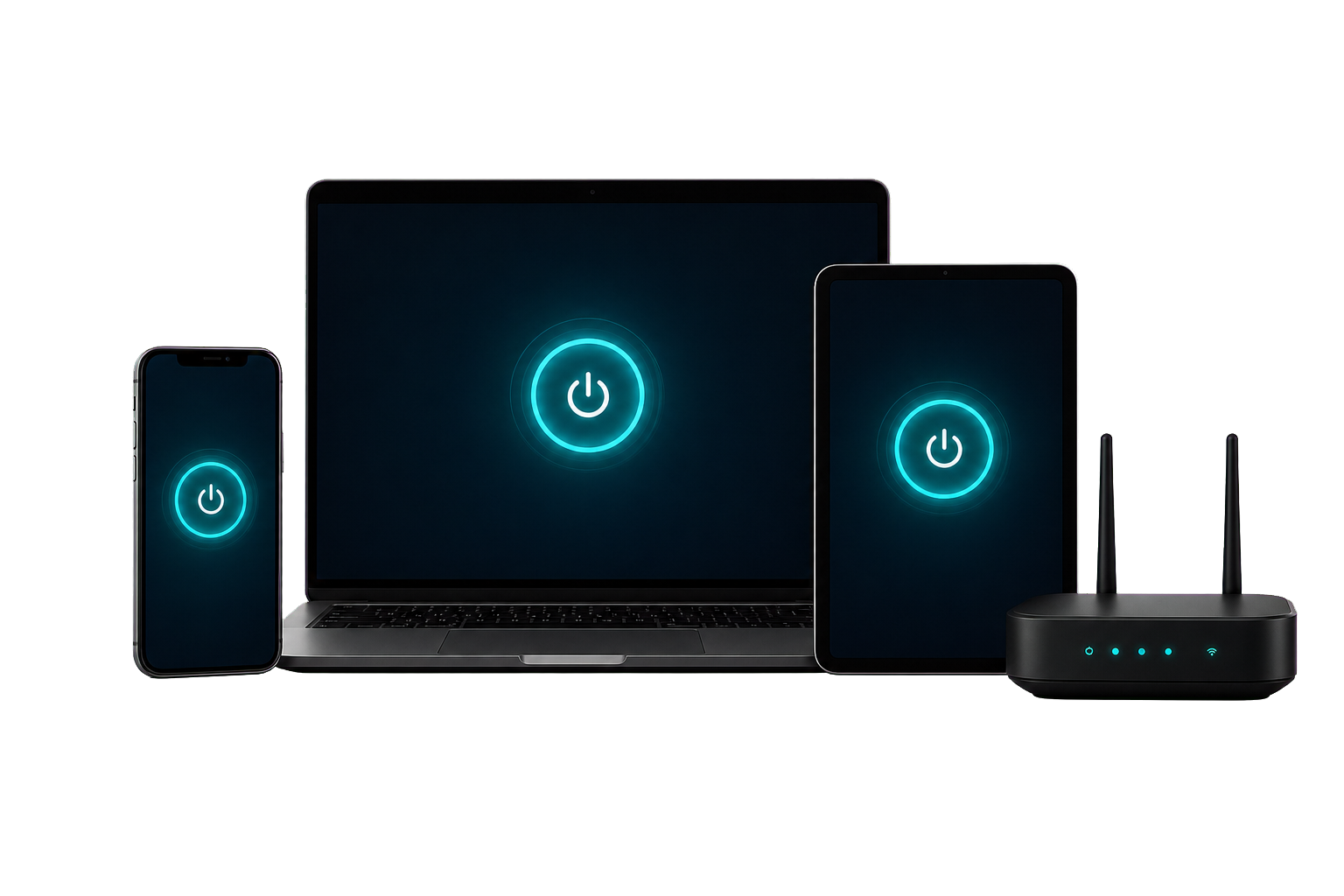 Ноутбук, телефон, планшет и Wi-Fi-роутер с включенным 1323vpn